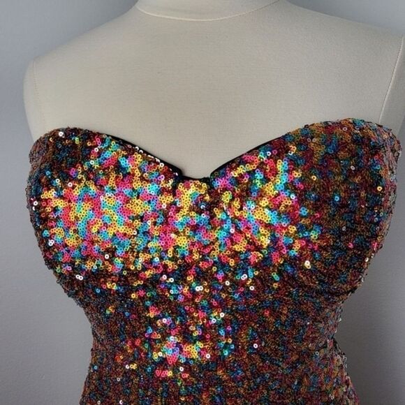 Lulus Magical Night Rainbow Sequin Strapless Cutout Bodycon Mini Dress Large - Picture 6 of 16